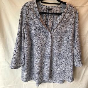 Plus Size Hilary Radley Navy/White Print V Neck Shirt with Adjustable Sleeves 3X